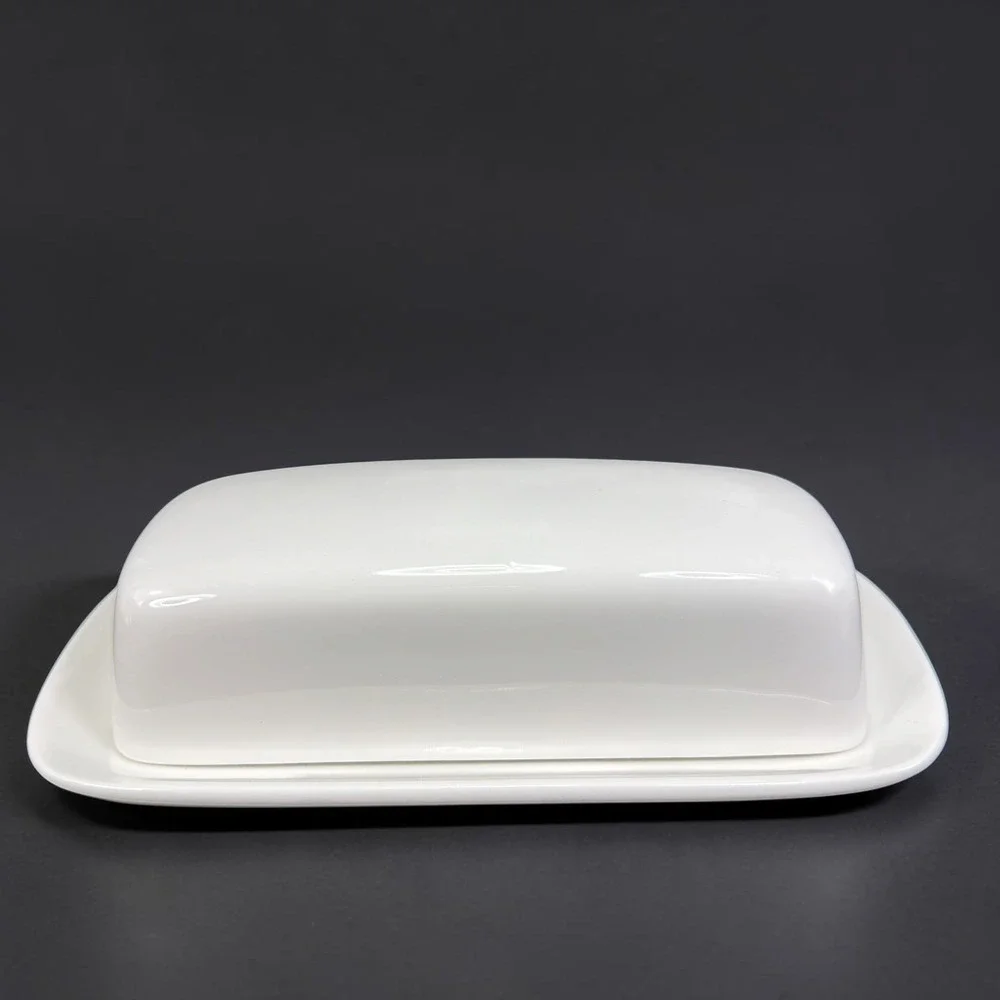 HB White Ceramic Butter Dish with Lid Microwave and Dishwasher Safe 8x4 Inch
